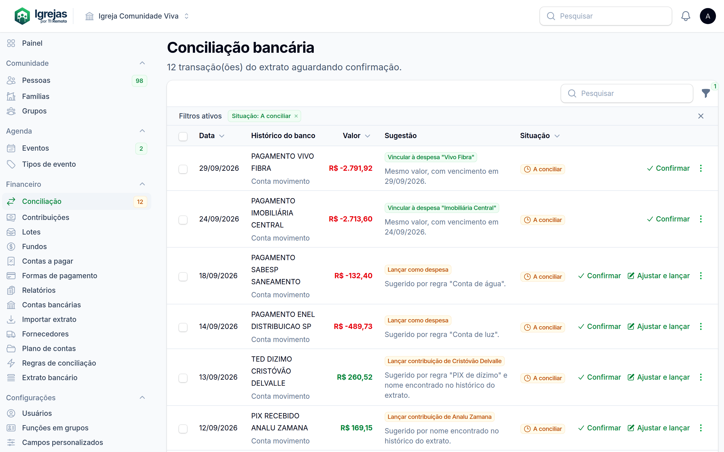 Tela de conciliação com transações do extrato e sugestões de lançamento